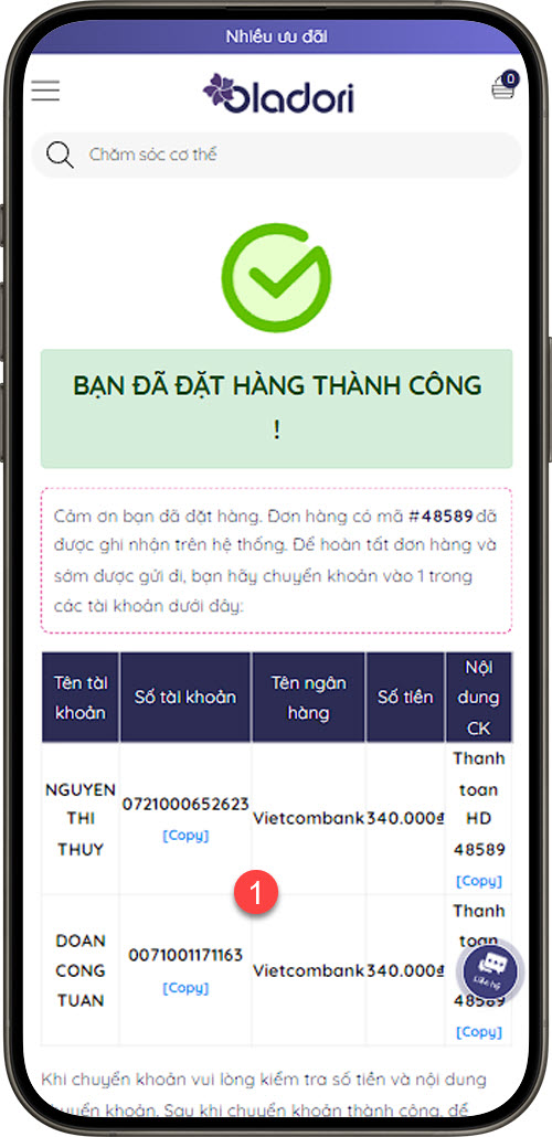 Đặt hàng thành công với phương thức chuyển khoản