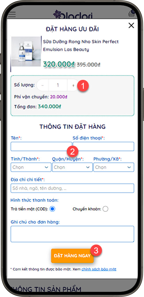Bảng đặt hàng nhanh và các bước đặt hàng