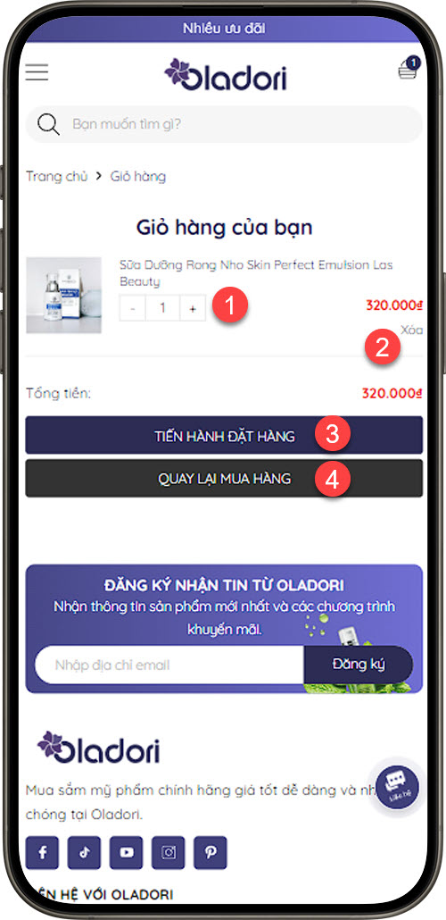 Trang giỏ hàng và các thao tác trên giỏ hàng
