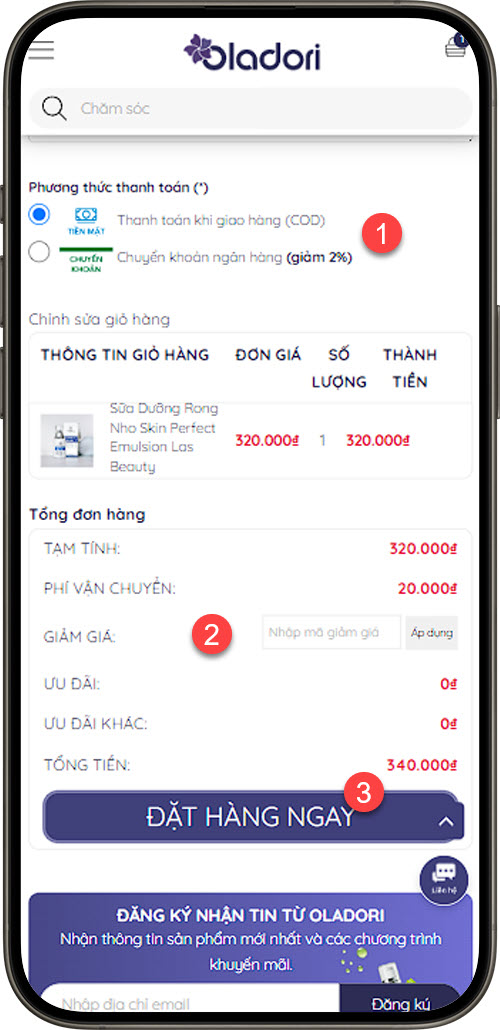 Hoàn thành các tùy chọn và nhấn "ĐẶT HÀNG NGAY"