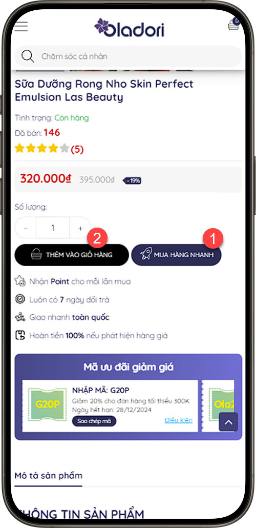2 nút đặt hàng trên trang sản phẩm